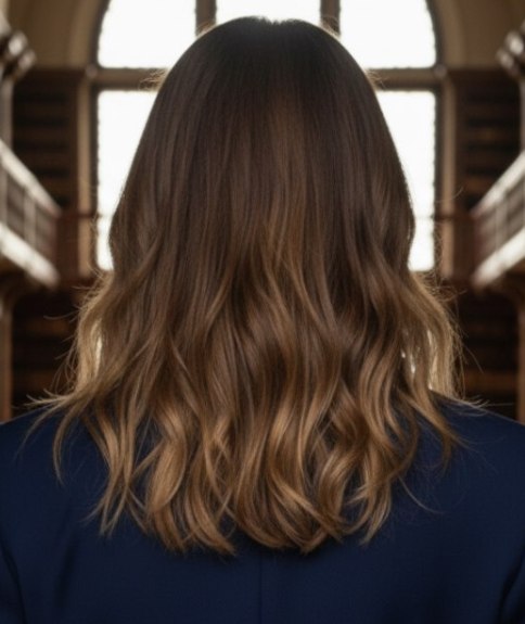 Cheveux longs bruns méchés – Vue de dos