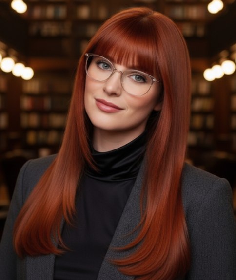 Cheveux longs et lisses auburn avec une frange