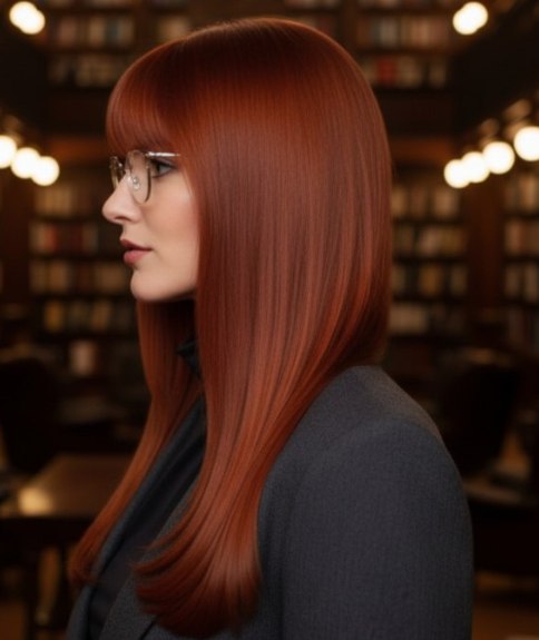 Cheveux auburn brillants – Vue de côté