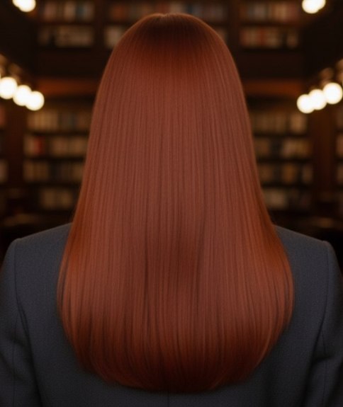 Style long et lisse pour cheveux roux – Vue de dos