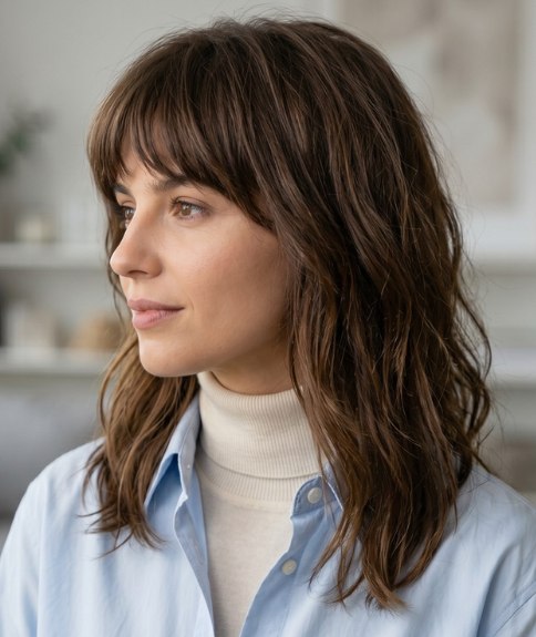 Coiffure longue avec une frange l&eacute;g&egrave;re et a&eacute;rienne