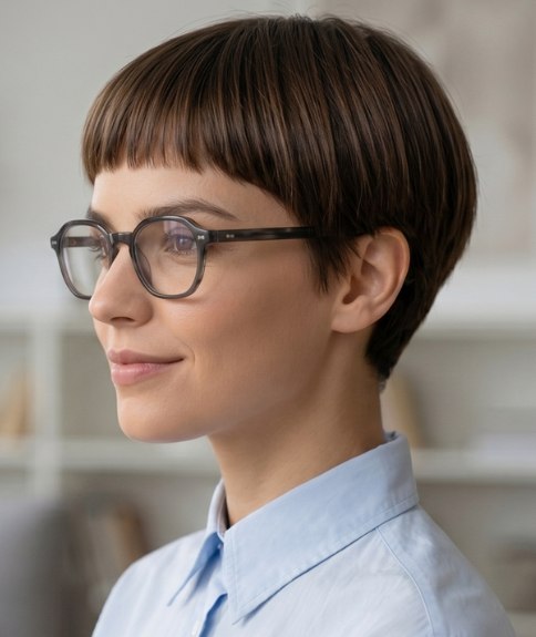 Cheveux courts sophistiqu&eacute;s, associ&eacute;s &agrave; des lunettes
