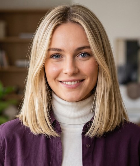 Coiffure blonde d&eacute;contract&eacute;e mi-longue