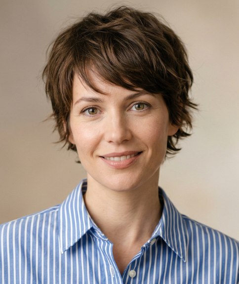 Femme portant une chemise oversize et des cheveux courts décontractés