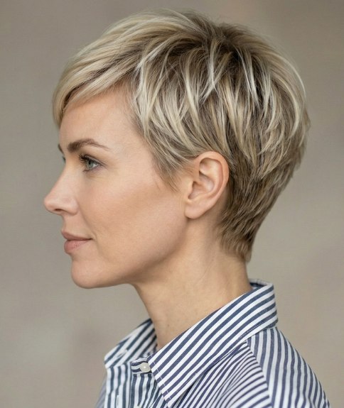 Coupe pixie blonde avec une longue frange