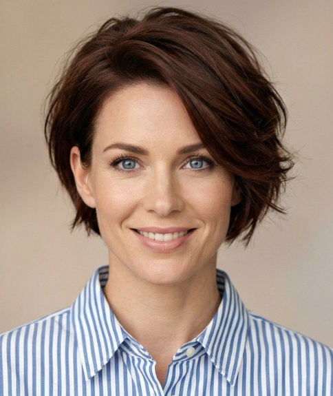 Look féminin stylé avec cheveux courts et chemise oversize