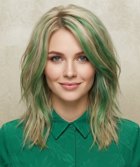 Cheveux longs blonds avec reflets verts