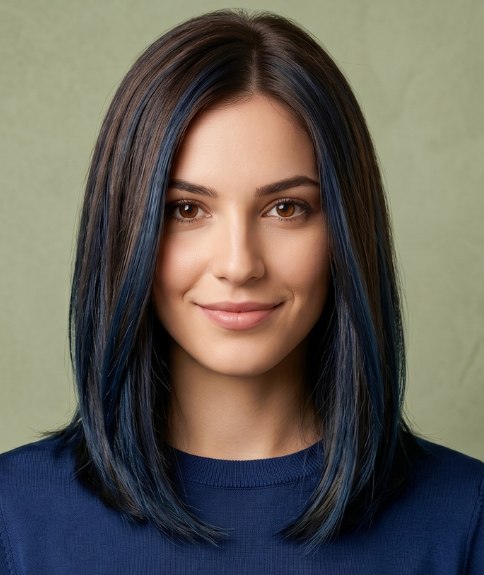 Cheveux longs brun fonc&eacute; avec reflets bleus