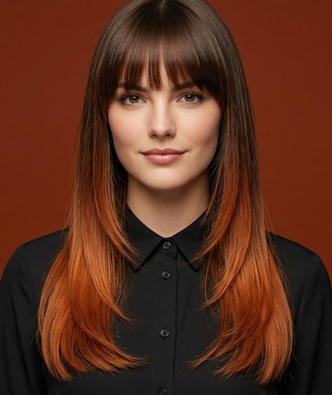 Cheveux longs bruns avec un balayage cuivr&eacute;