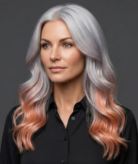 Cheveux longs argent&eacute;s avec des pointes rose p&ecirc;che