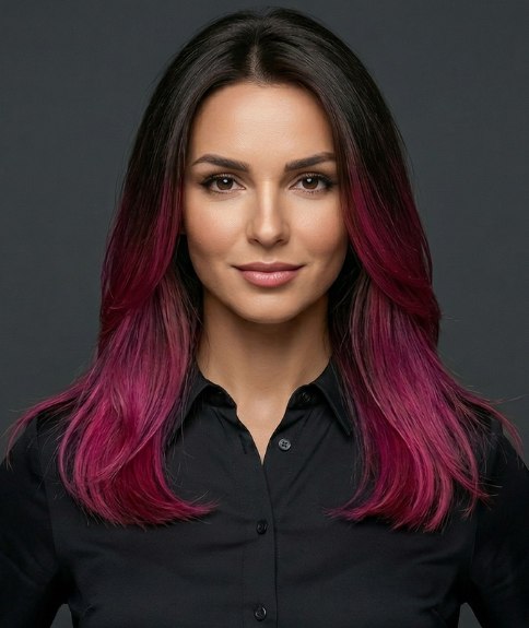 Cheveux longs et fonc&eacute;s avec des pointes fuchsia