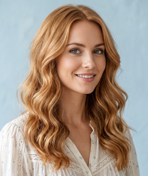Coiffure d&rsquo;&eacute;t&eacute; avec de longues ondulations blond miel