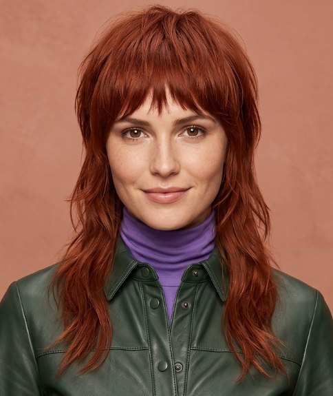 Cheveux longs roux avec des d&eacute;grad&eacute;s et une frange l&eacute;g&egrave;re