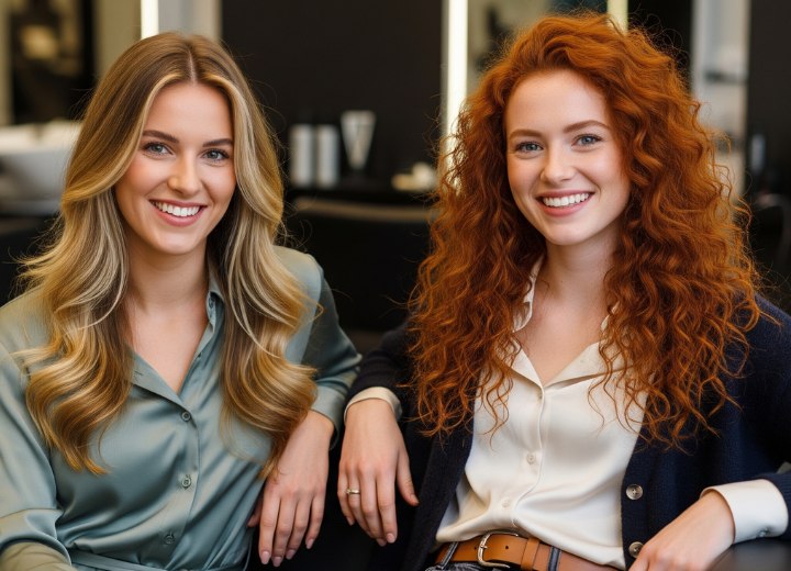 Cheveux longs châtain ondulés et cheveux roux bouclés