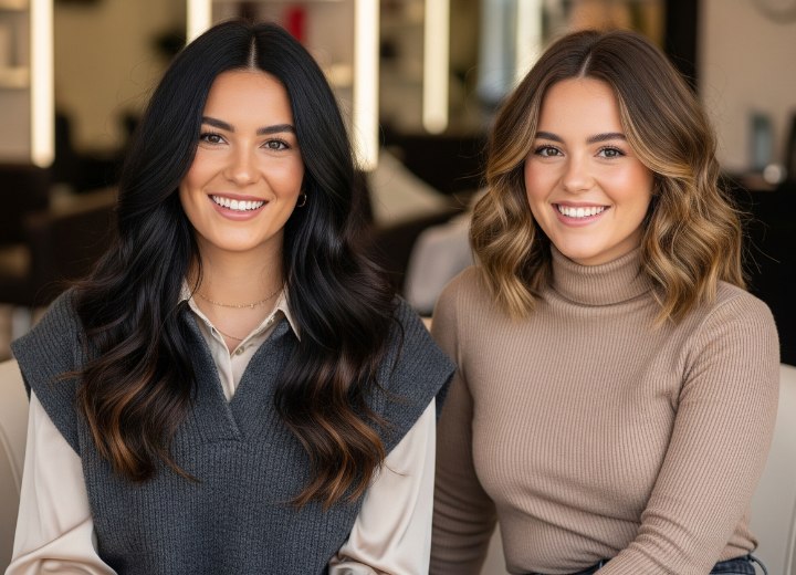 Cheveux longs foncés ondulés et coupe mi-longue