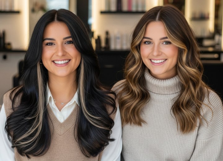 Cheveux châtain foncé avec des mèches blondes et cheveux longs aux ondulations dorées