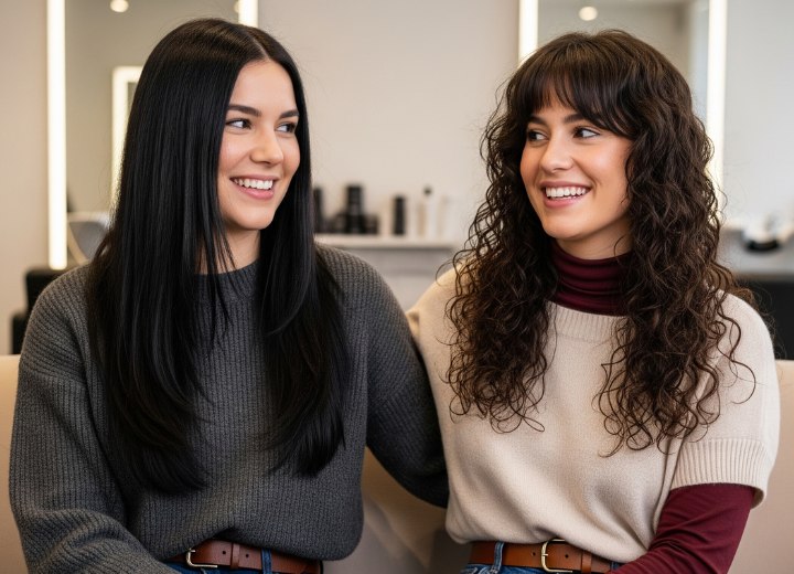 Cheveux longs, bruns, lisses et soyeux et cheveux aux boucles rebondies