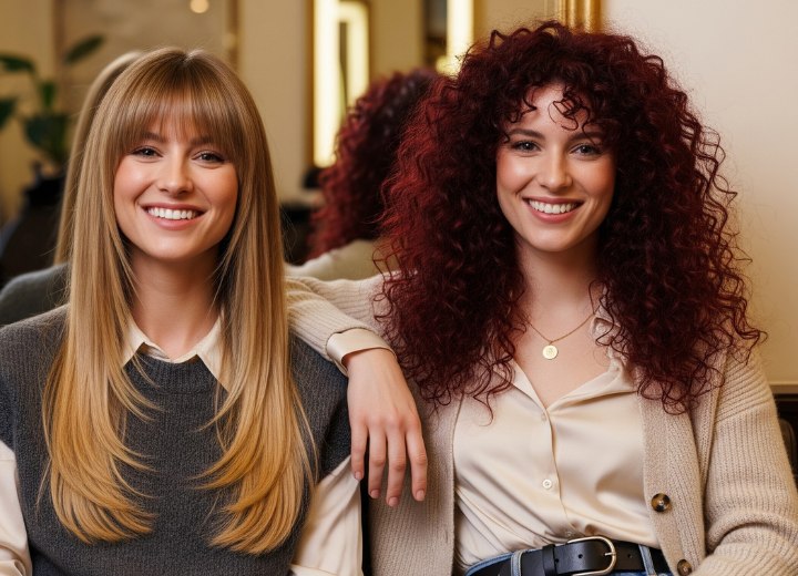 Cheveux blonds longs en dégradé et cheveux rouge foncé bouclés