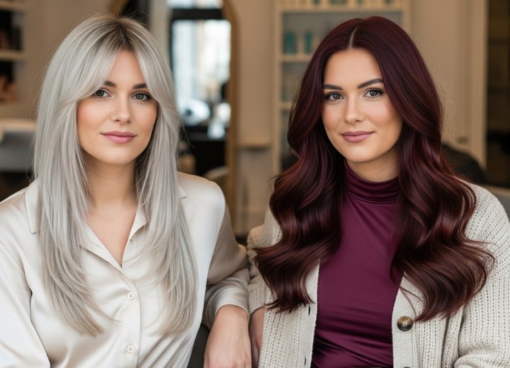 Cheveux longs, blonds platine, lisses et cheveux rouge foncé avec des ondulations