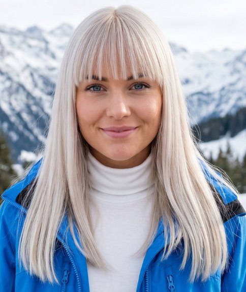 Longs cheveux blond platine avec une frange