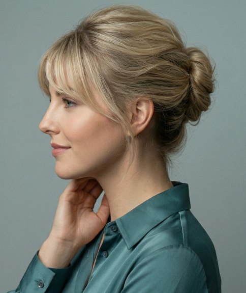 Cheveux blonds coiff&eacute;s en chignon banane