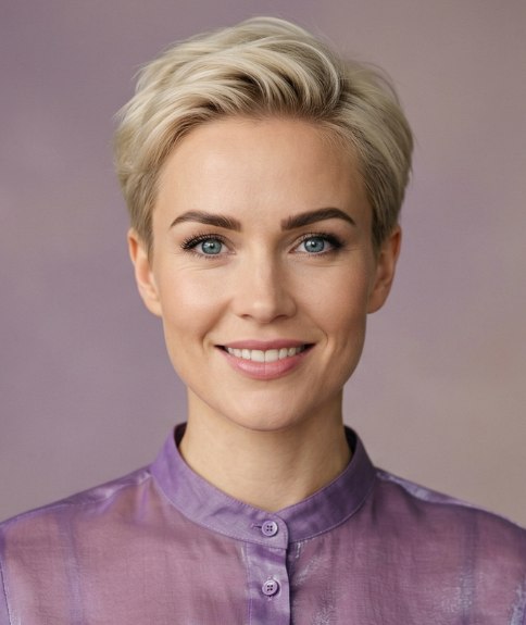 Coiffure blonde avec des c&ocirc;t&eacute;s et une nuque tr&egrave;s courts