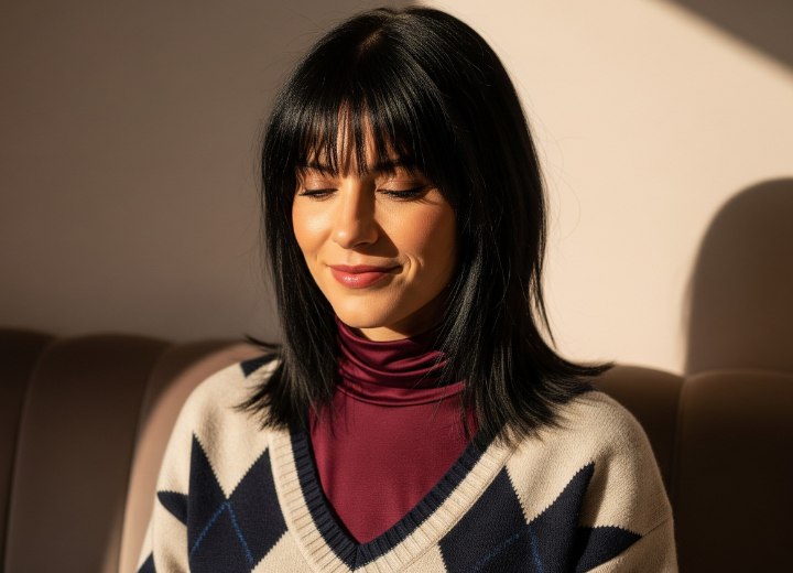 Cheveux noirs brillants aux épaules pour l’automne