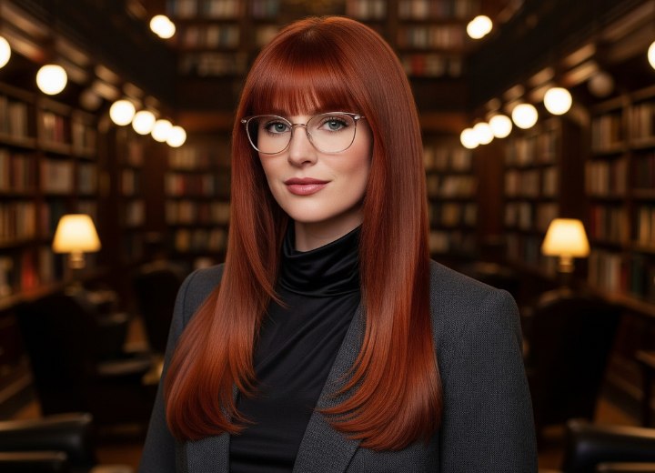 Cheveux longs et raides roux avec frange