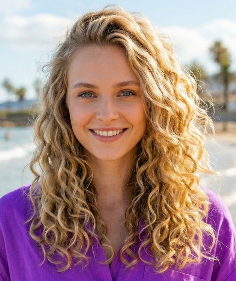 Coiffure de plage avec de longs cheveux blonds et des boucles en spirale