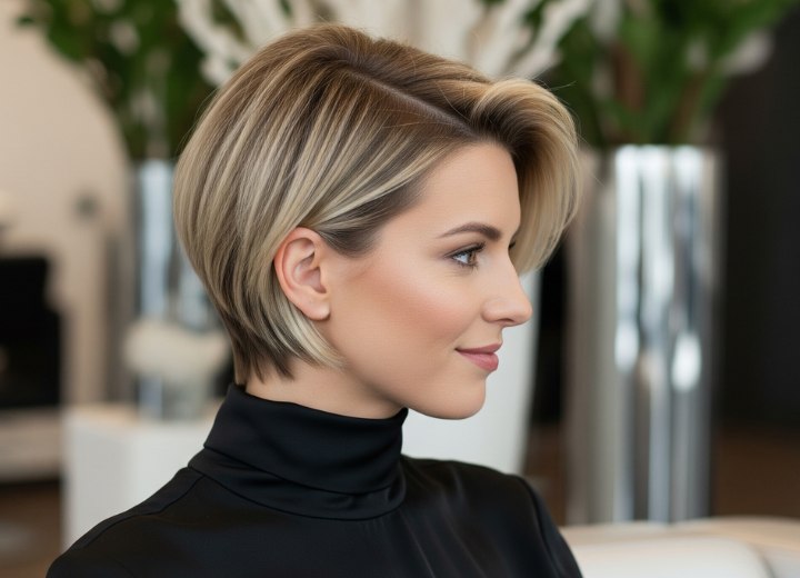Coiffure blonde courte avec une raie marquée sur le côté