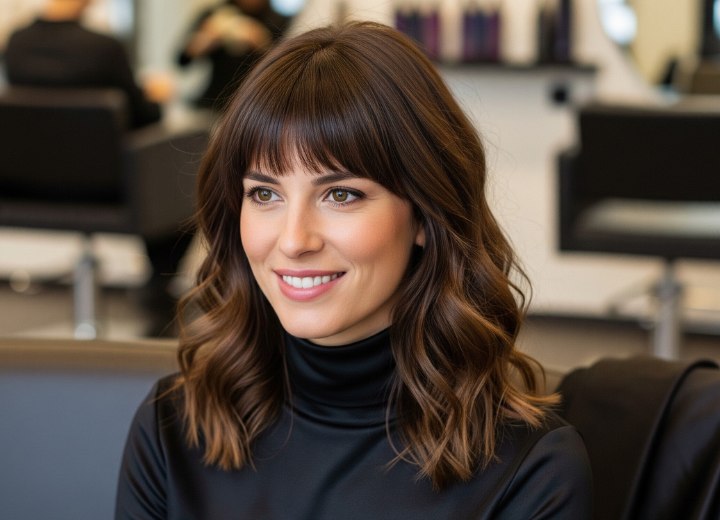 Cheveux bruns ondulés, longueur épaules, avec frange