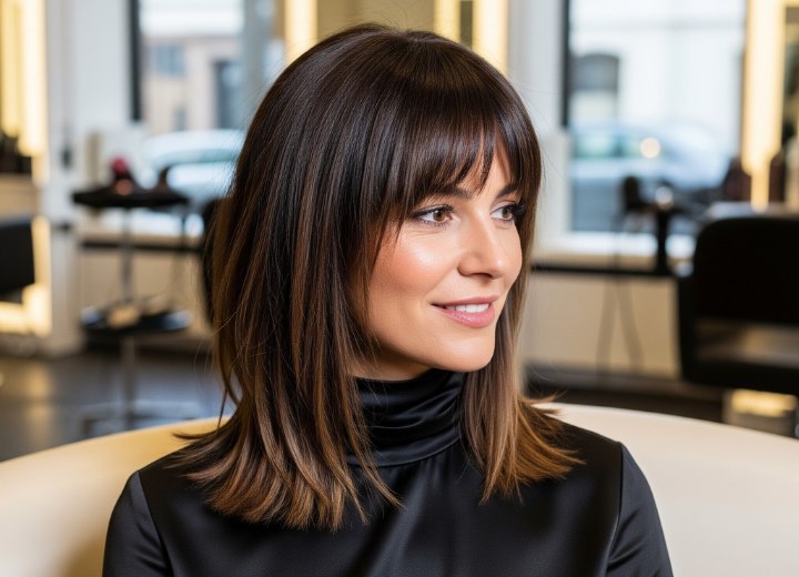 Cheveux bruns lisses, longueur sous les épaules