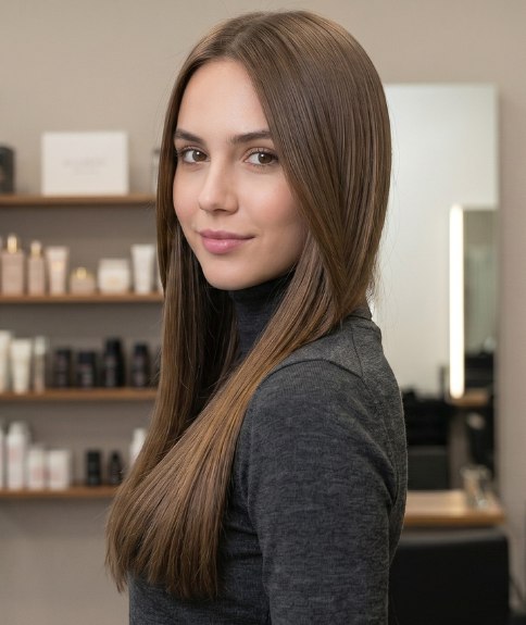Cheveux bruns tr&egrave;s longs et lisses 