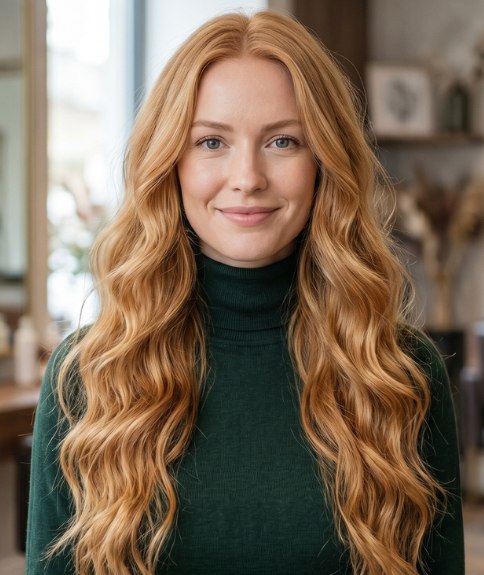 Cheveux roux tr&egrave;s longs et ondul&eacute;s