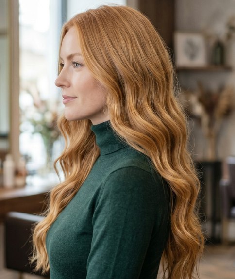 Longs cheveux roux avec des ondulations souples