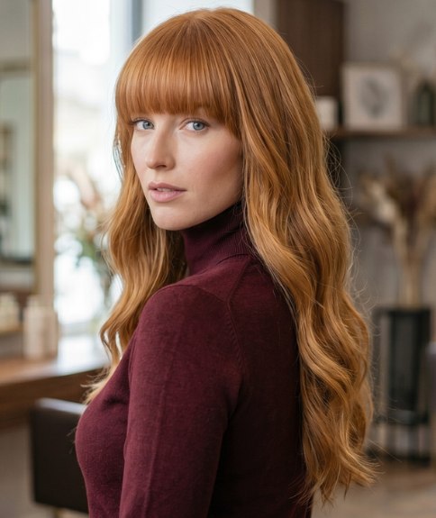 Coiffure rousse tr&egrave;s longue avec une frange