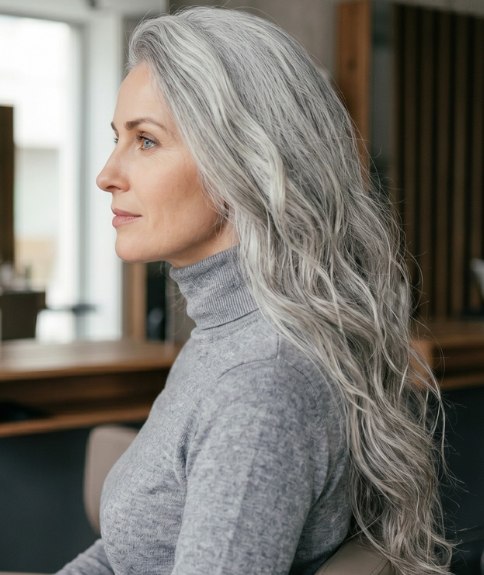 Femme aux cheveux gris tombant sous la poitrine