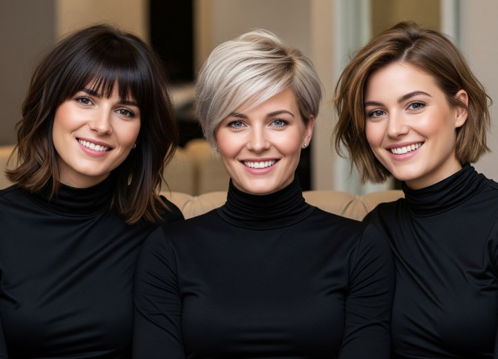 Femmes aux coiffures stylées portant des cols roulés noirs brillants