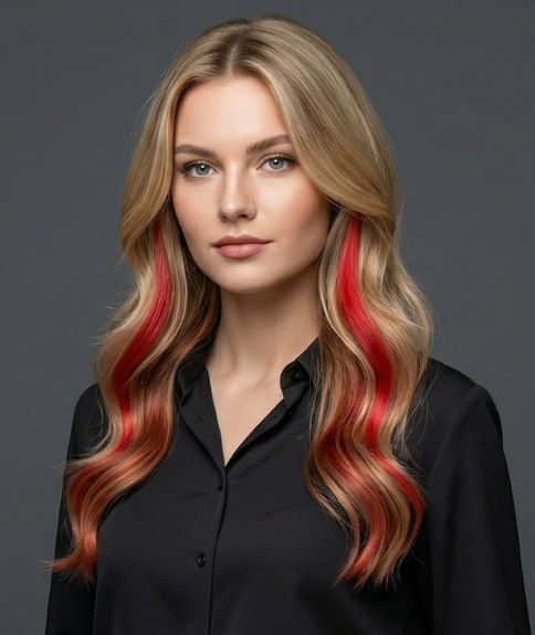 Cheveux longs blonds avec des m&egrave;ches rouges et orange