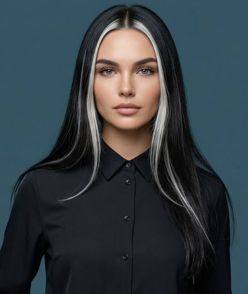 Cheveux longs noirs avec des m&egrave;ches blanches