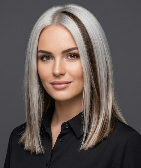 Cheveux longs gris avec des m&egrave;ches brunes