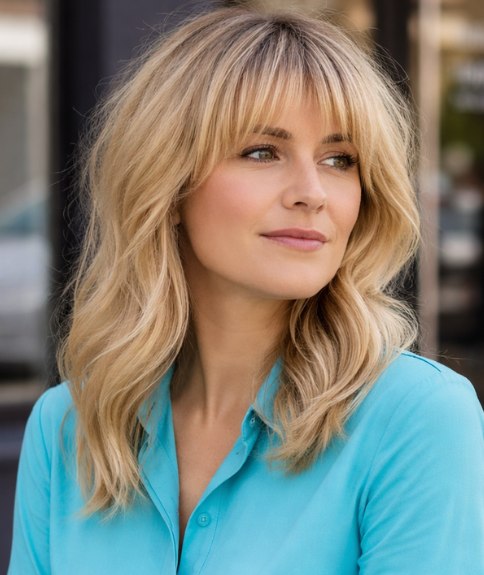 Cheveux longs blonds avec frange rideau