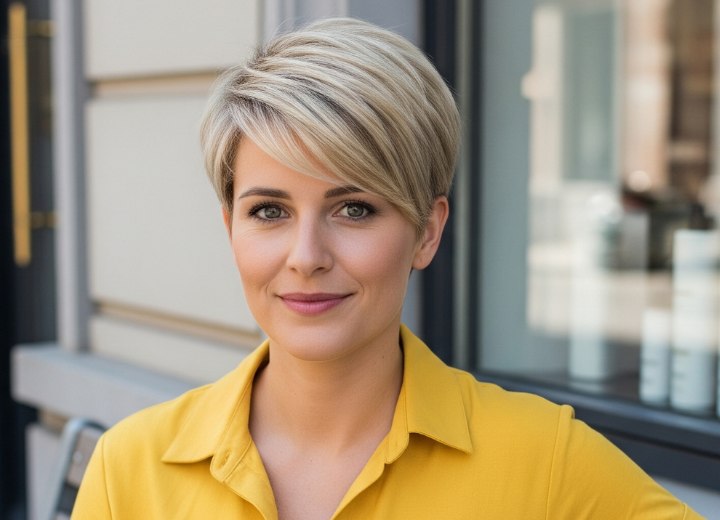 Coupe pixie féminine avec longue frange pour l'été