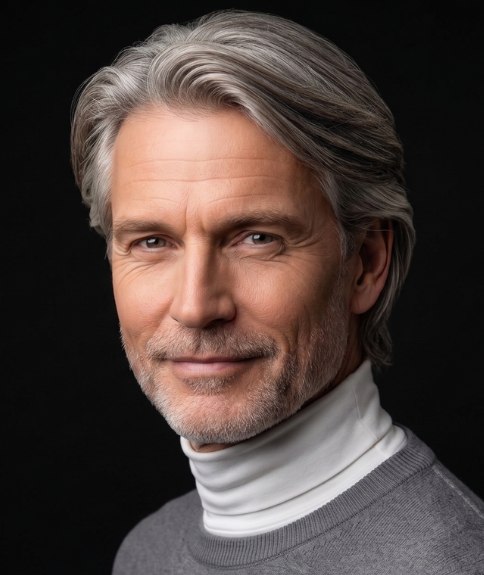 Look pour hommes aux cheveux gris mi-longs