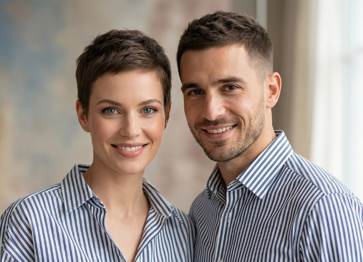 Look assorti avec l’homme et la femme portant tous deux des cheveux courts et une chemise
