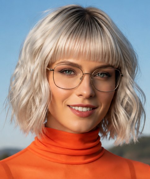 Carr&eacute; blond ondul&eacute; avec une frange