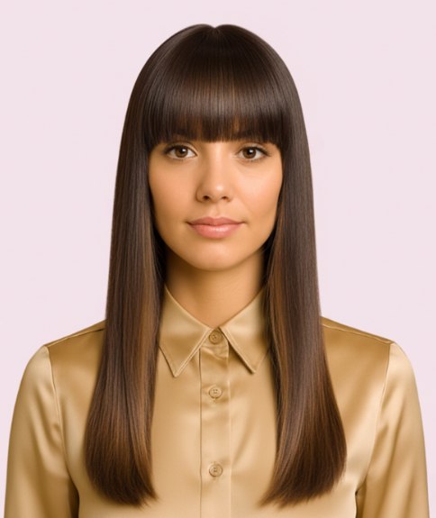 Cheveux longs et lisses avec une frange droite