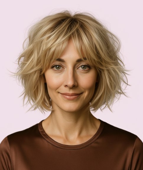 Coupe shag &eacute;bouriff&eacute;e avec beaucoup de d&eacute;grad&eacute;s