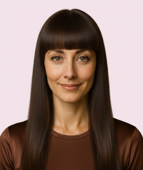 Cheveux longs et lisses avec une frange droite