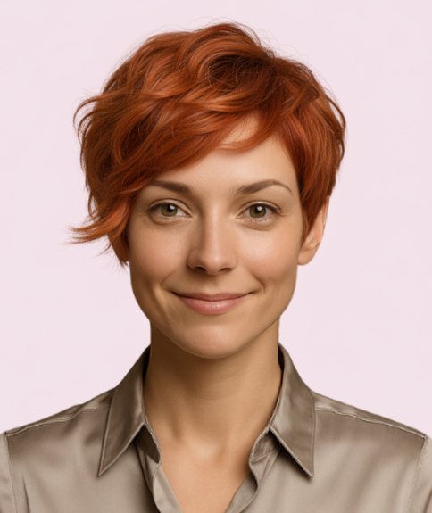 Coiffure courte pour cheveux cuivr&eacute;s ondul&eacute;s